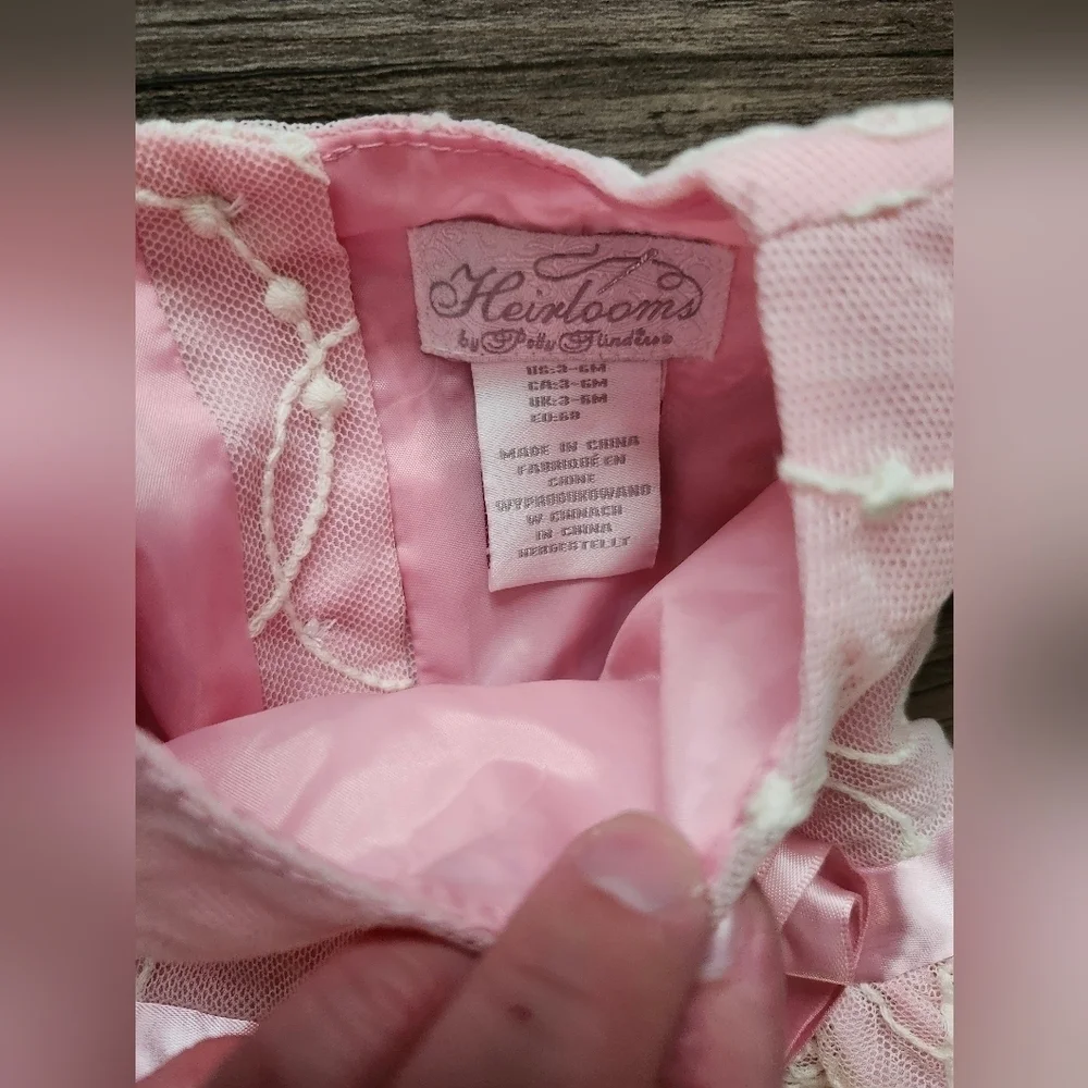 Heirlooms By Polly Finders Pink Dress with Lace Accents And Embroidered Flowers
